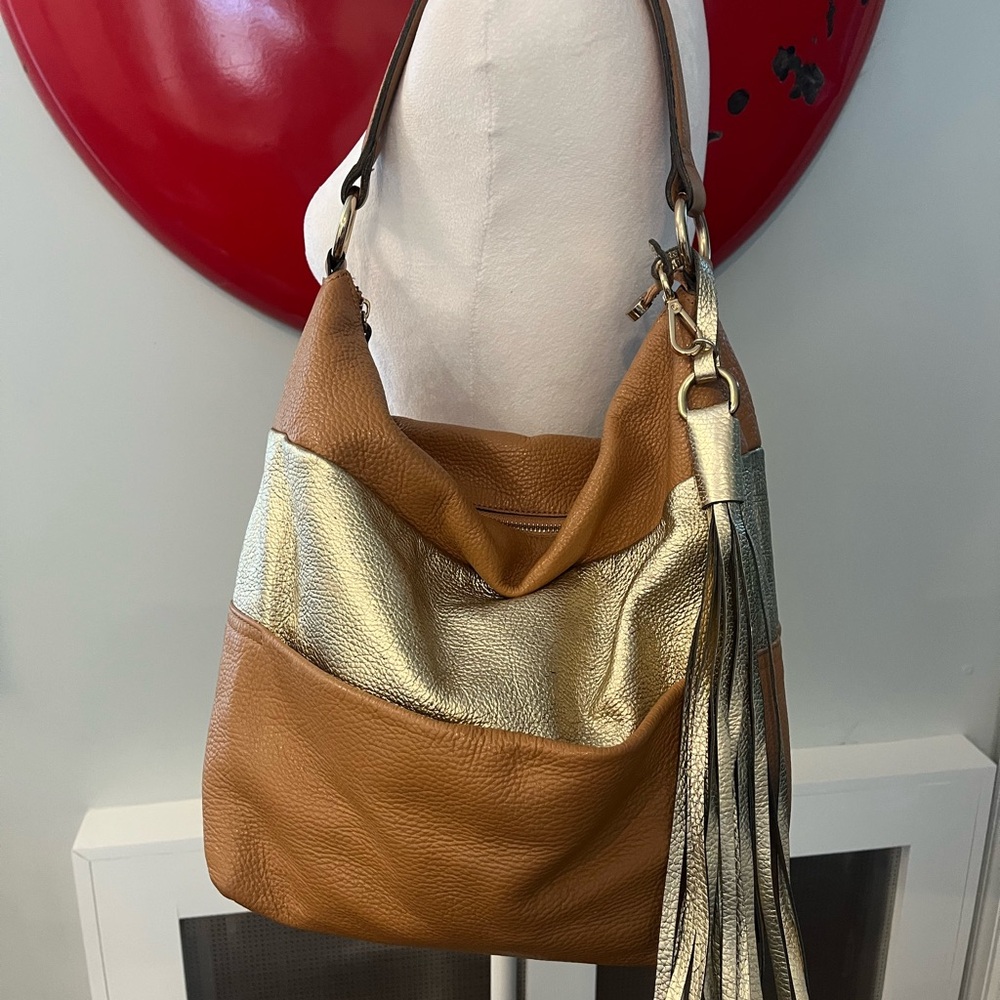 Innue Tan and Gold Leather Large Tassel Gold Fringe Cowgirl Hobo Shoulder Bag